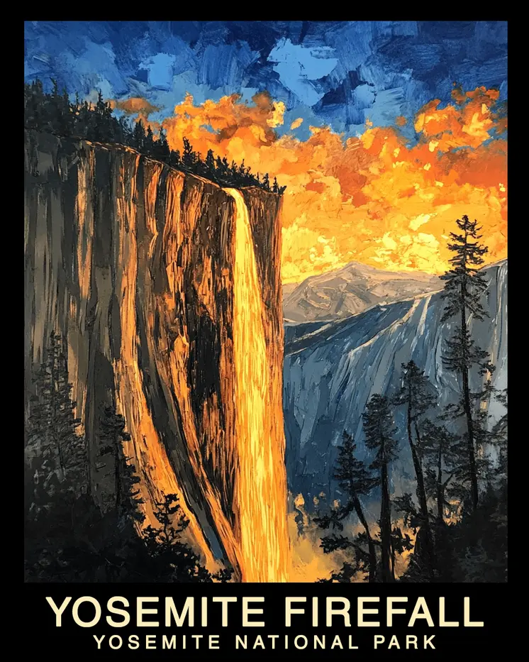 Impressionist Firefall - Yosemite Horsetail Falls Souvenir Home Decor Wall Art Prints – 8″x10″ Artwork – 11″x14″ Mat