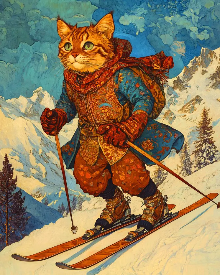 Skiing Kat - Cat and Kitten Wall Art Prints -  8"x10" Artwork for 11"x14" Frame