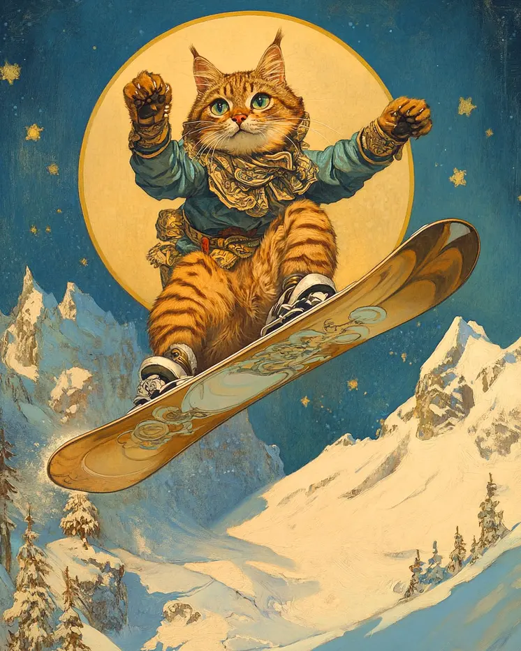 Snowboarder - Cat and Kitten Wall Art Prints -  8"x10" Artwork for 11"x14" Frame