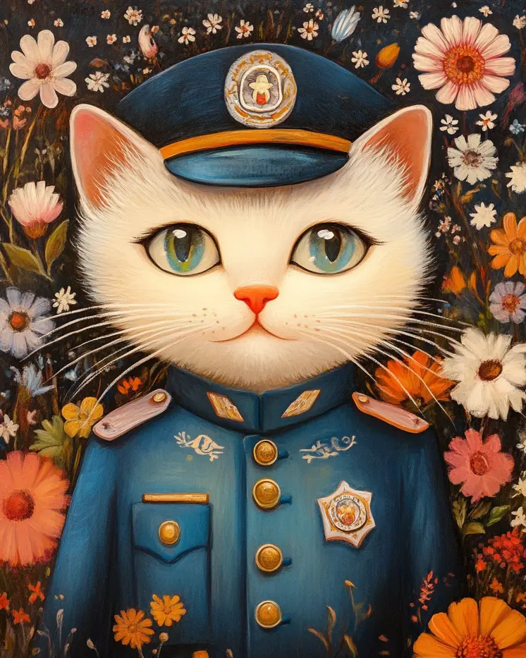 Folk Art Cat Cop - Cat and Kitten Wall Art Prints -  8"x10" Artwork for 11"x14" Frame