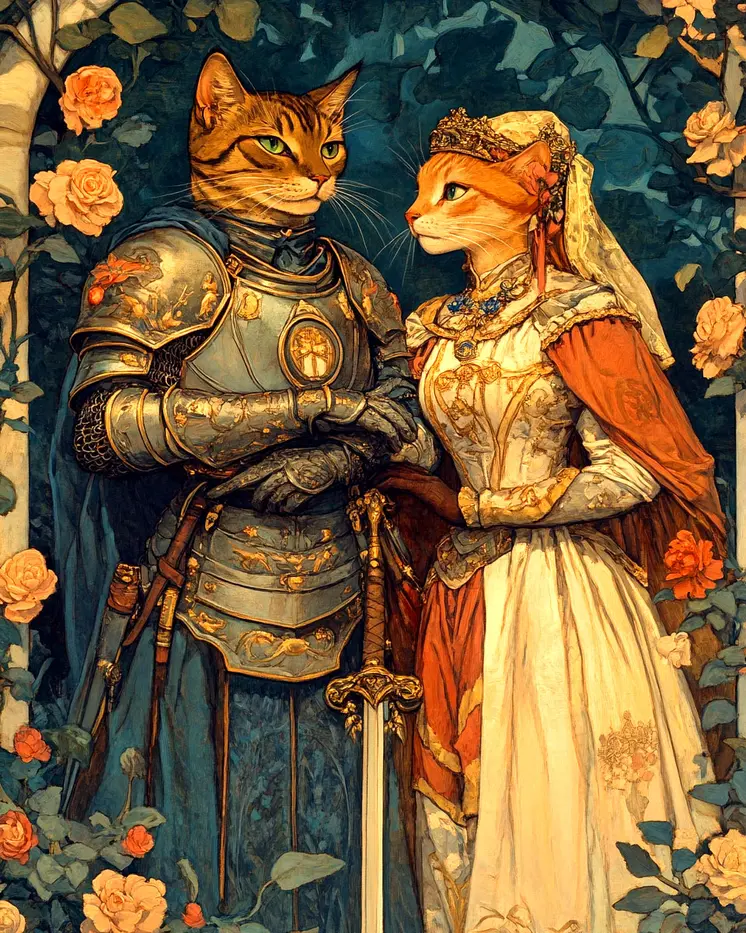 Knight and Princess - Cat and Kitten Wall Art Prints -  8"x10" Artwork for 11"x14" Frame
