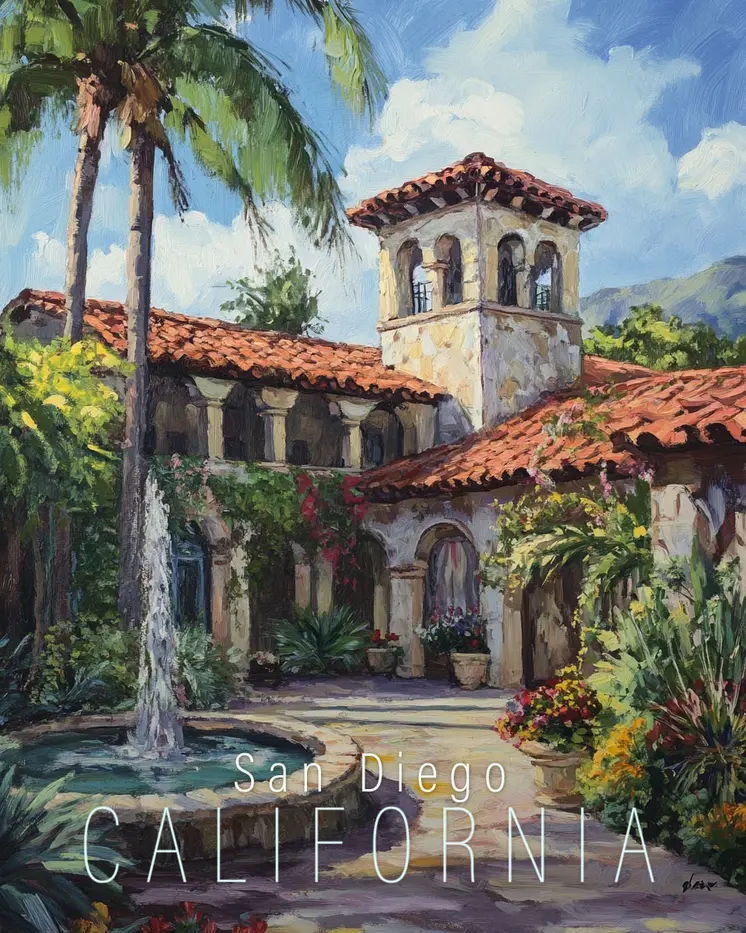 Spanish Mansion - California Souvenir Home Decor Wall Art Prints – 8″x10″ Artwork for 11″x14″ Frame