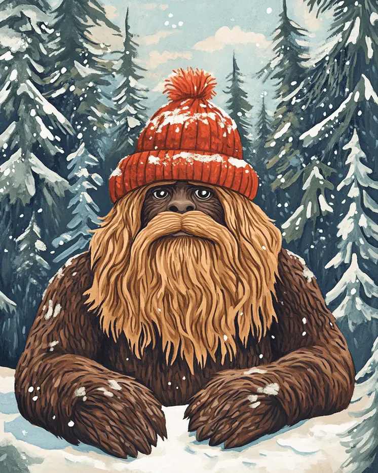 Sasquatch Winter Coat - Bigfoot - Mythical Beasts Wall Art Prints – 8″x10″ Artwork for 11″x14″ Frame