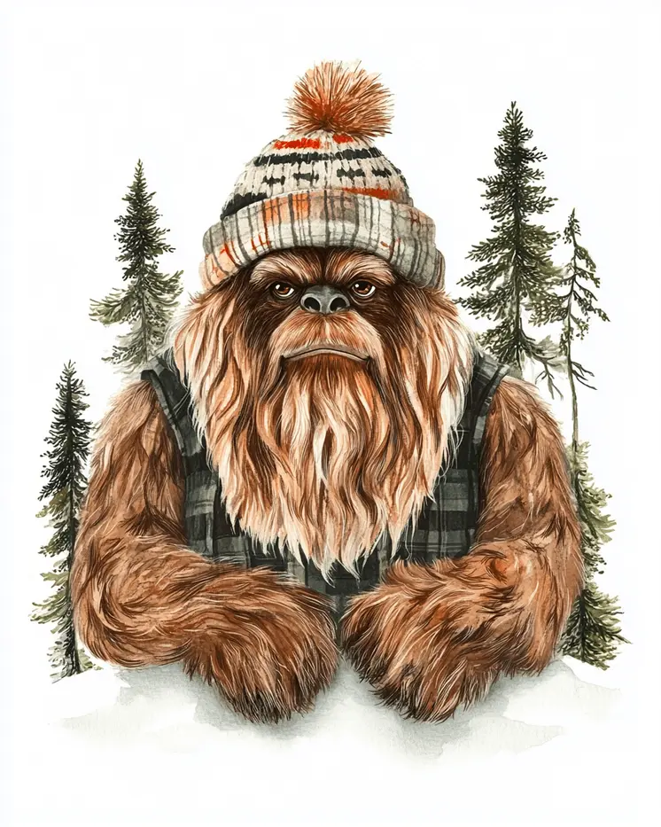 Minimalist Sasquatch Winter Coat - Bigfoot - Mythical Beasts Wall Art Prints – 8″x10″ Artwork for 11″x14″ Frame