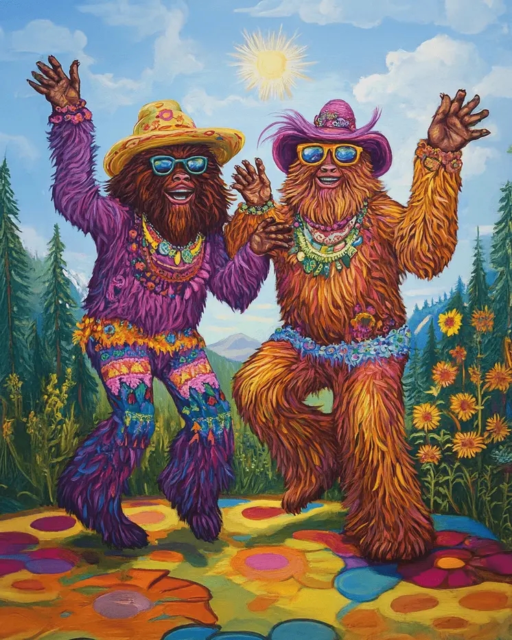 Sasquatch Hippies - Bigfoot - Mythical Beasts Wall Art Prints – 8″x10″ Artwork for 11″x14″ Frame