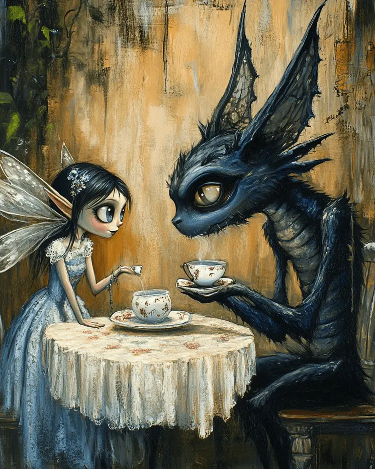Chupacabra and Fairy Having Tea - Mythical Beasts Wall Art Prints – 8″x10″ Artwork for 11″x14″ Frame