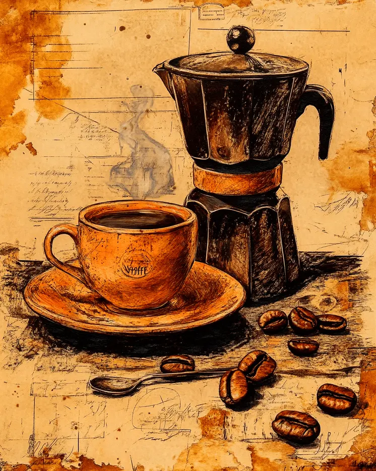 Vintage Pot and Cup - Coffee Wall Art Prints - 8"x10" Art Print for 11"x14" Frame