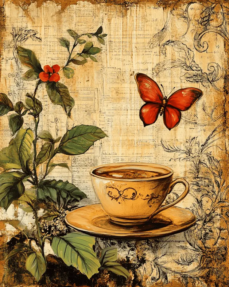 Nouveau Cup and Butterfly - Coffee Wall Art Prints - 8"x10" Art Print for 11"x14" Frame