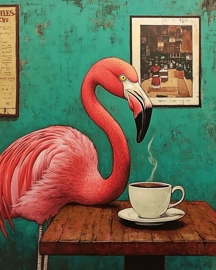 Flamingo Having a Cup of Joe - Coffee Wall Art Prints - 8"x10" Art Print for 11"x14" Frame