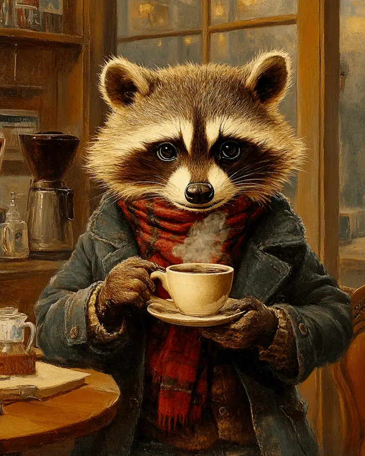 Raccoon Enjoying a Cup of Joe - Coffee Wall Art Prints - 8"x10" Art Print for 11"x14" Frame