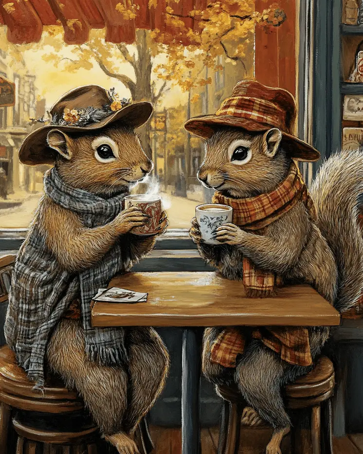 Two Squirrels Enjoying a Cup of Joe - Coffee Wall Art Prints - 8"x10" Art Print for 11"x14" Frame