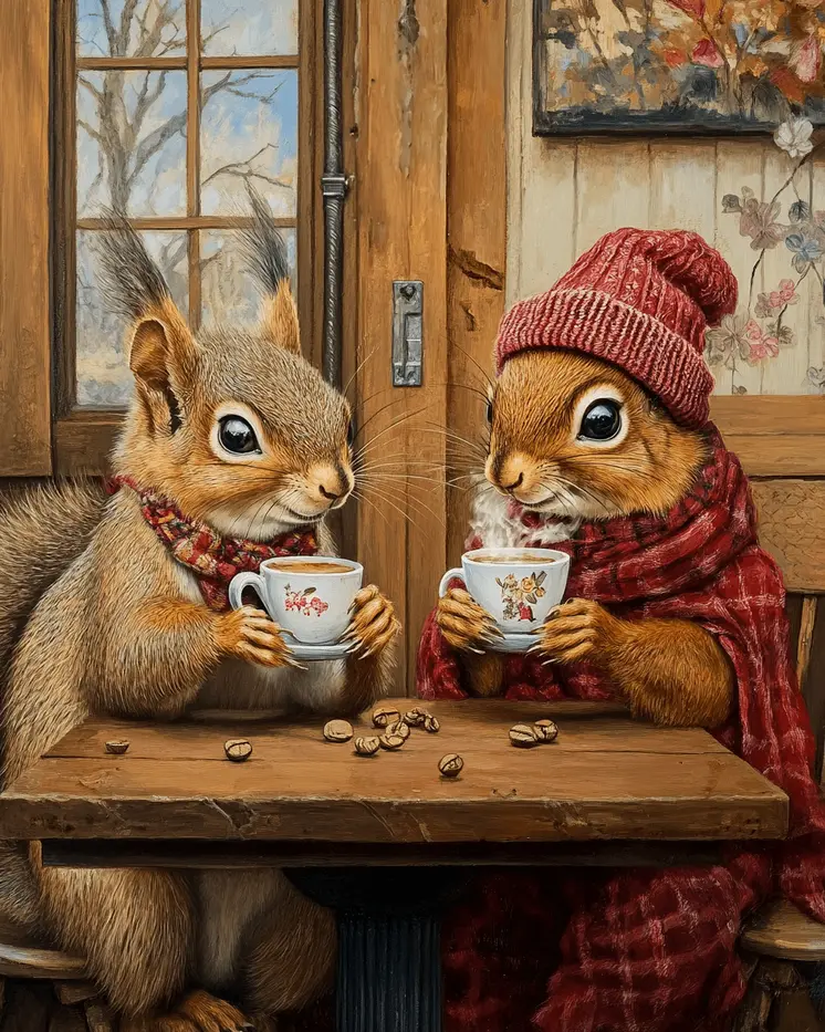 Two Squirrels at a Coffee Shop - Coffee Wall Art Prints - 8"x10" Art Print for 11"x14" Frame
