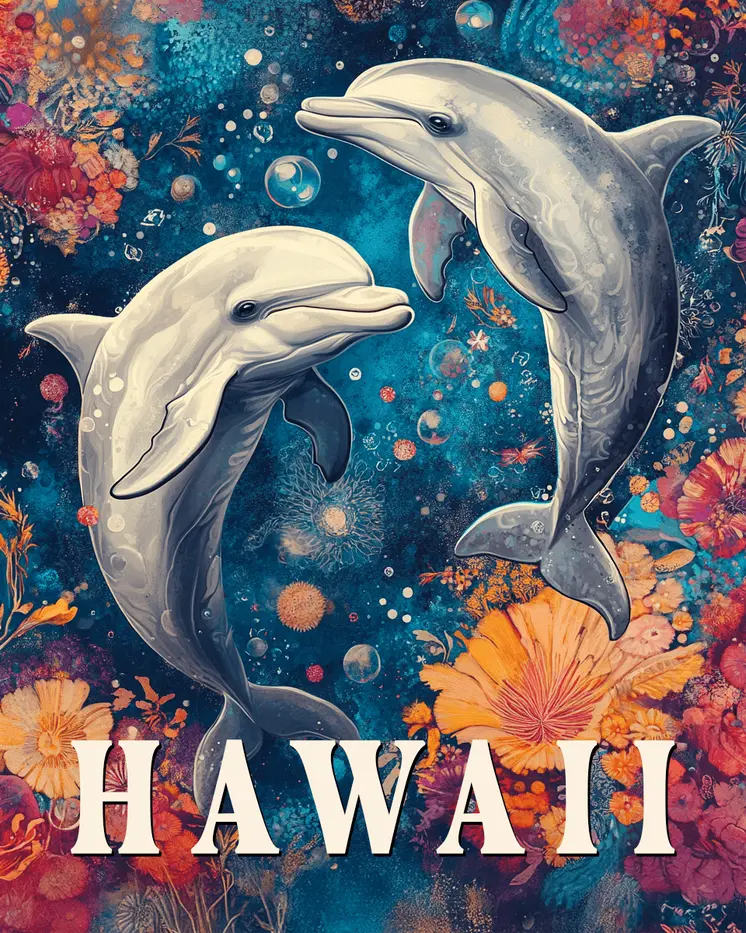 Dolphin Pair - Hawaii Souvenir Wall Art Prints – 8″x10″ Artwork for 11″x14″ Frame