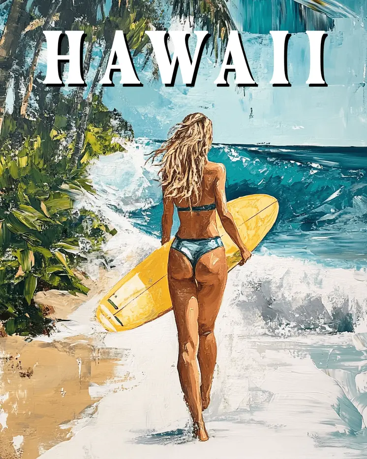 Woman Surfer - Hawaii Souvenir Wall Art Prints – 8″x10″ Artwork for 11″x14″ Frame