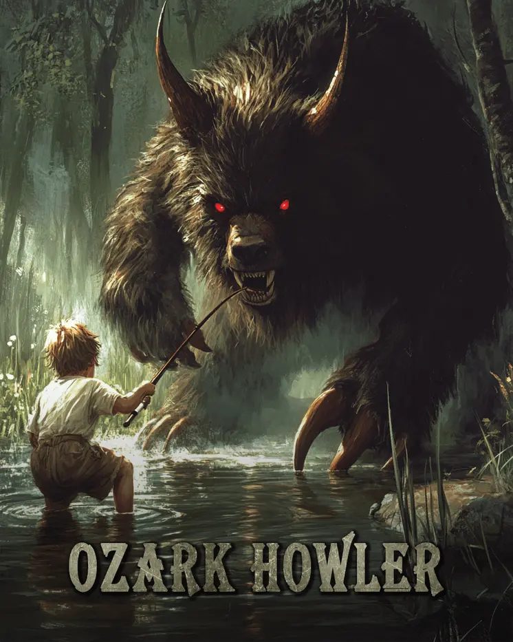 Ozark Howler and Boy Fishing - Mythical Beasts Wall Art Prints – 8″x10″ Artwork for 11″x14″ Frame