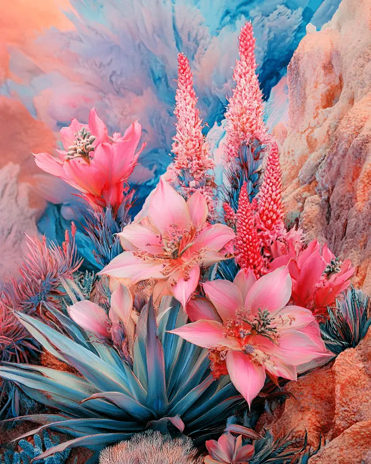 Pink Floral Hillside - Southwestern Home Decor Wall Art Prints – 8″x10″ Artwork for 11″x14″ Frame