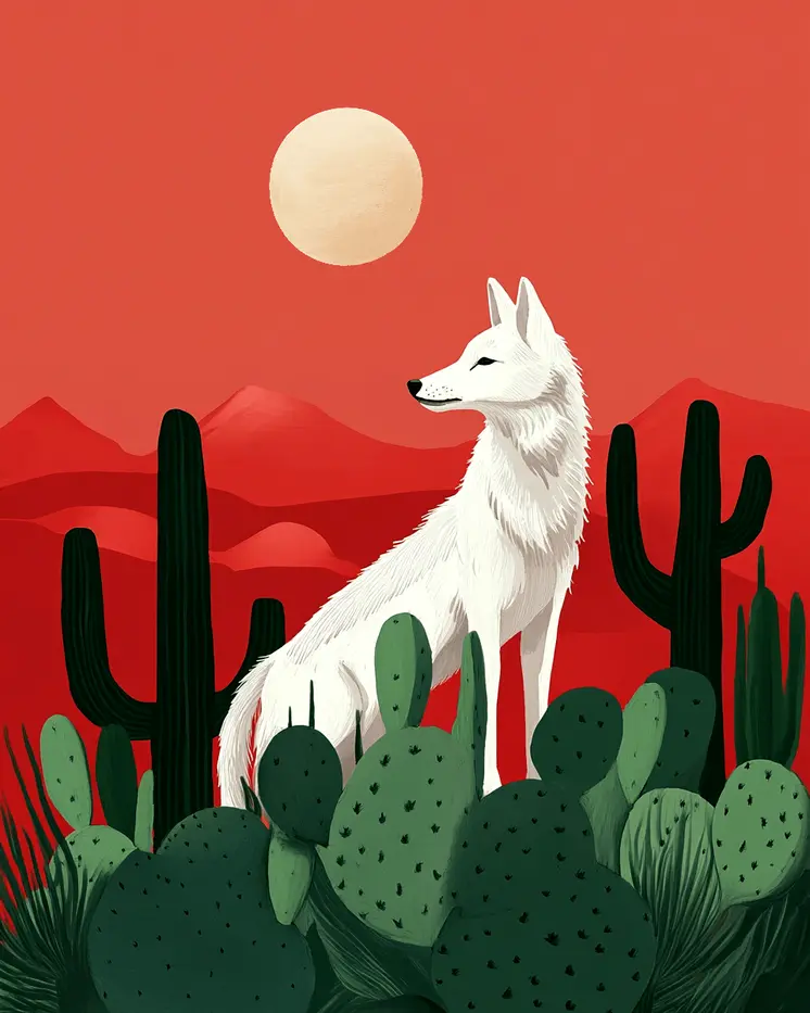 Desert White Wolf - Southwestern Home Decor Wall Art Prints – 8″x10″ Artwork for 11″x14″ Frame