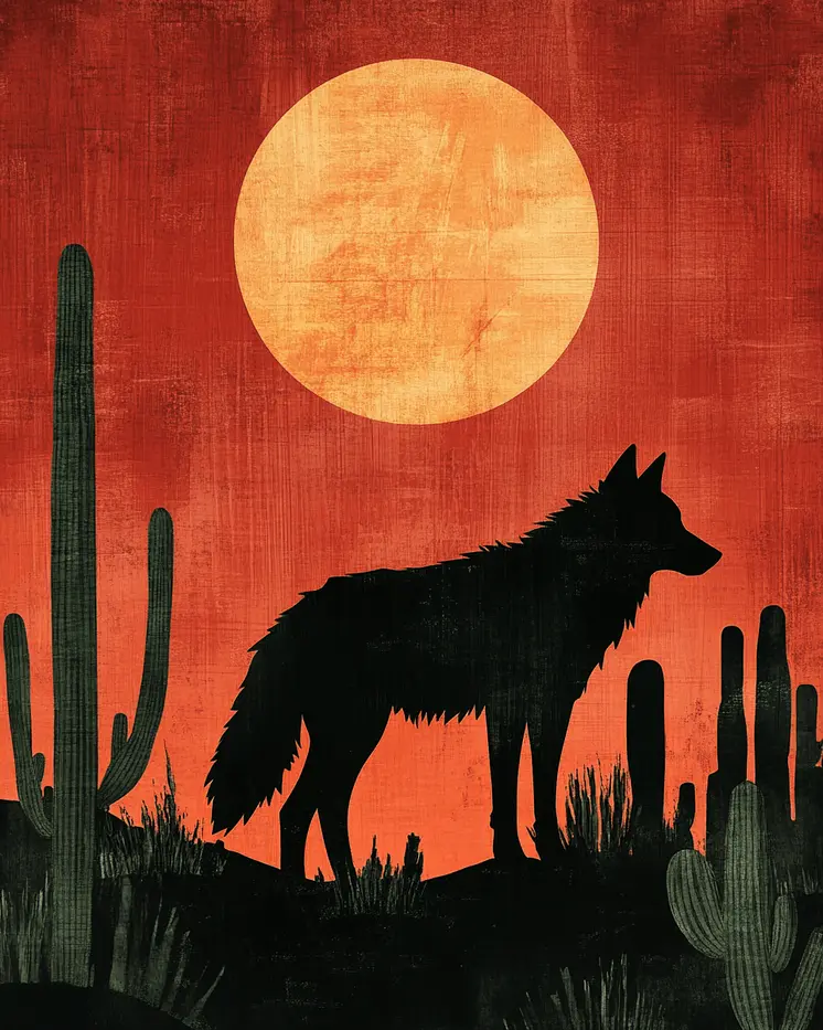 Desert Full Moon Wolf - Southwestern Home Decor Wall Art Prints – 8″x10″ Artwork for 11″x14″ Frame