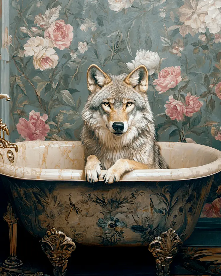 Wolf in Bathtub - Anthropomorphic Animal Art Prints – 8″x10″ Artwork for 11″x14″ Frame