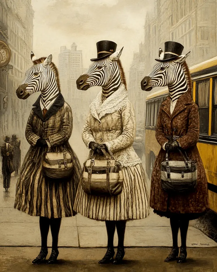 Three Zebras Waiting - Anthropomorphic Animal Art Prints – 8″x10″ Artwork for 11″x14″ Frame