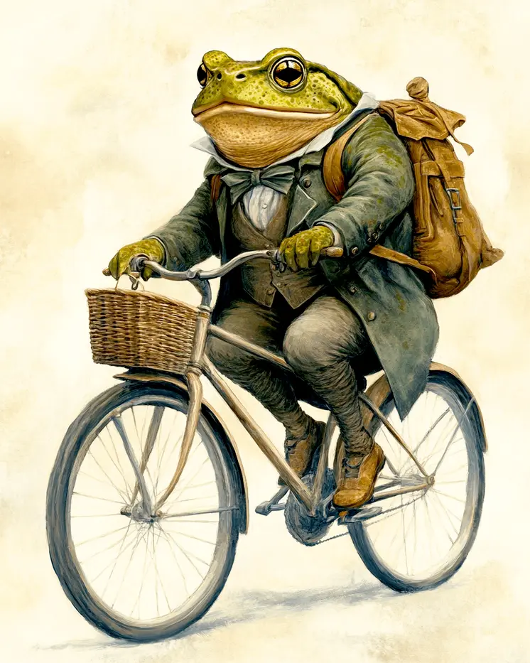 Frog on Bicycle - Anthropomorphic Animal Art Prints – 8″x10″ Artwork for 11″x14″ Frame