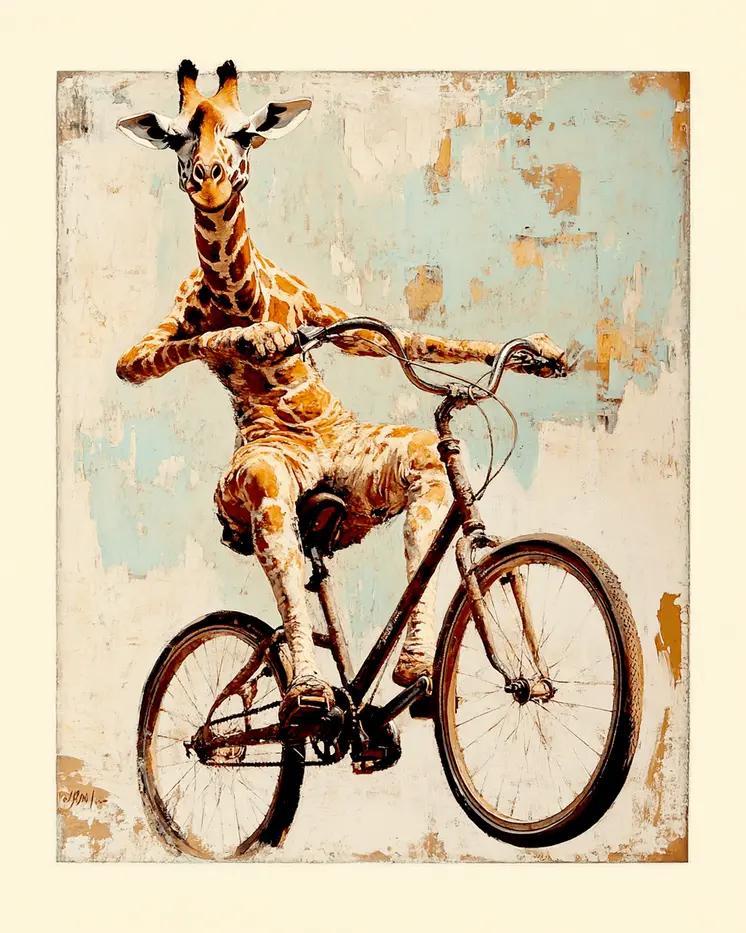 Giraffe on Bicycle - Anthropomorphic Animal Art Prints – 8″x10″ Artwork for 11″x14″ Frame