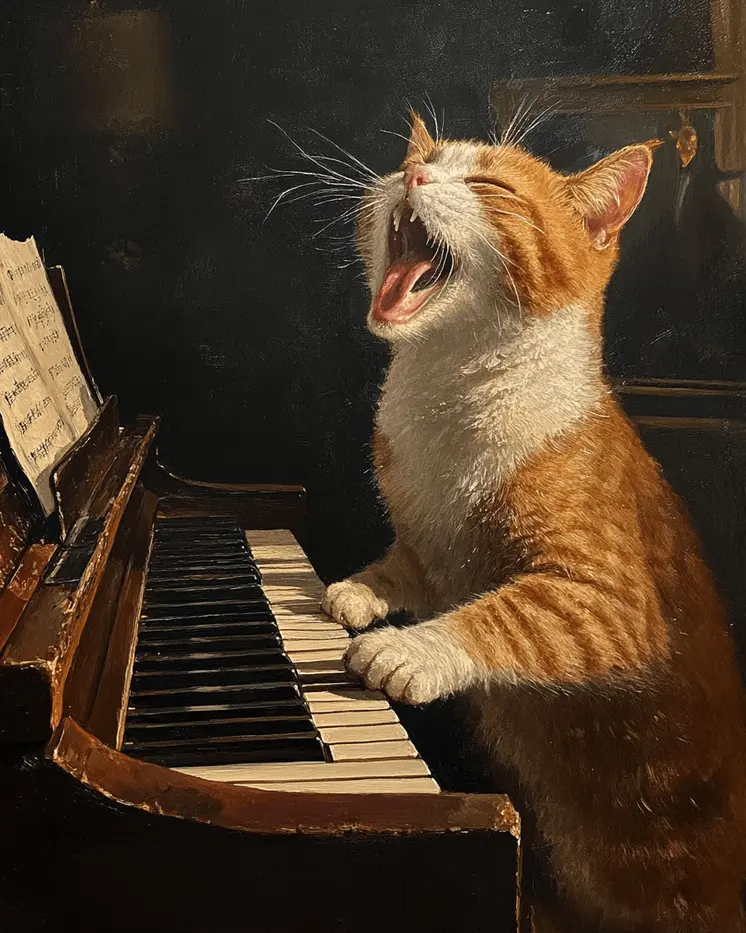 Cat on Piano - Anthropomorphic Animal Art Prints – 8″x10″ Artwork for 11″x14″ Frame