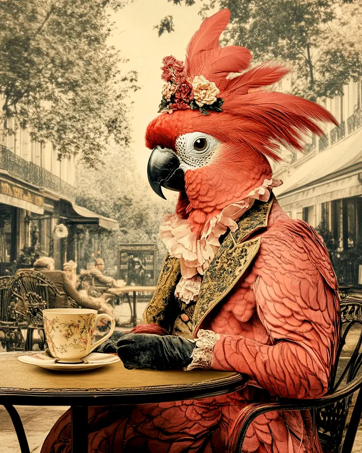 Cockatoo Lunching - Anthropomorphic Animal Art Prints – 8″x10″ Artwork for 11″x14″ Frame