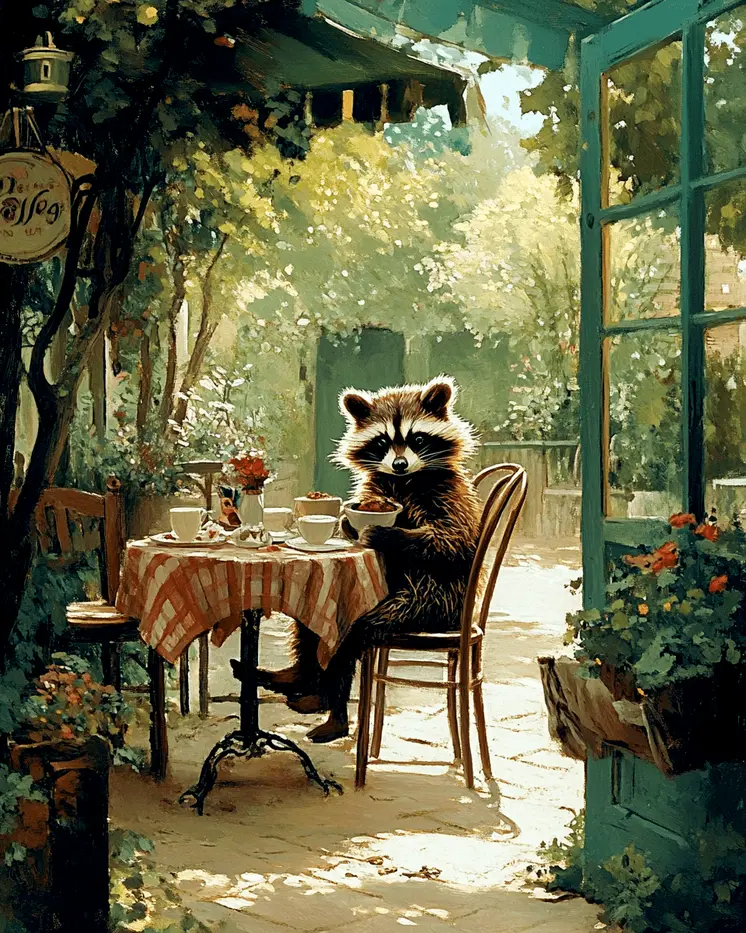 Raccoon at Cafe - Anthropomorphic Animal Art Prints – 8″x10″ Artwork for 11″x14″ Frame