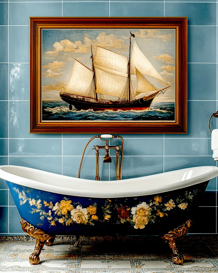 Bathtub and Ship Artwork - Bathroom Wall Art Prints – 8″x10″ Artwork for 11″x14″ Frame