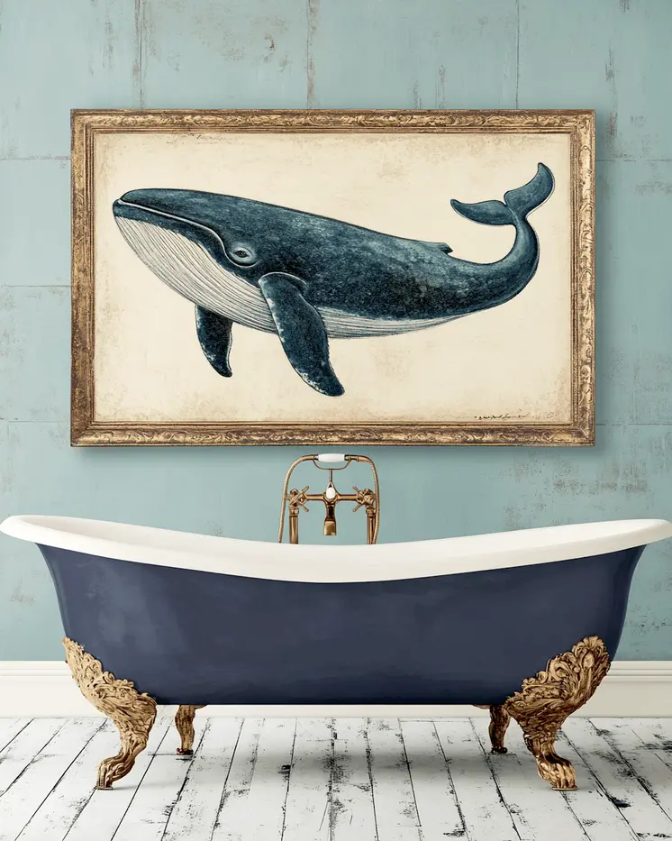 Bathtub and Whale Artwork - Bathroom Wall Art Prints – 8″x10″ Artwork for 11″x14″ Frame