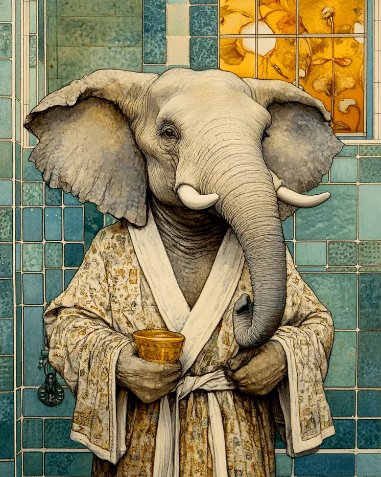 Elephant in Bathrobe - Bathroom Wall Art Prints – 8″x10″ Artwork for 11″x14″ Frame
