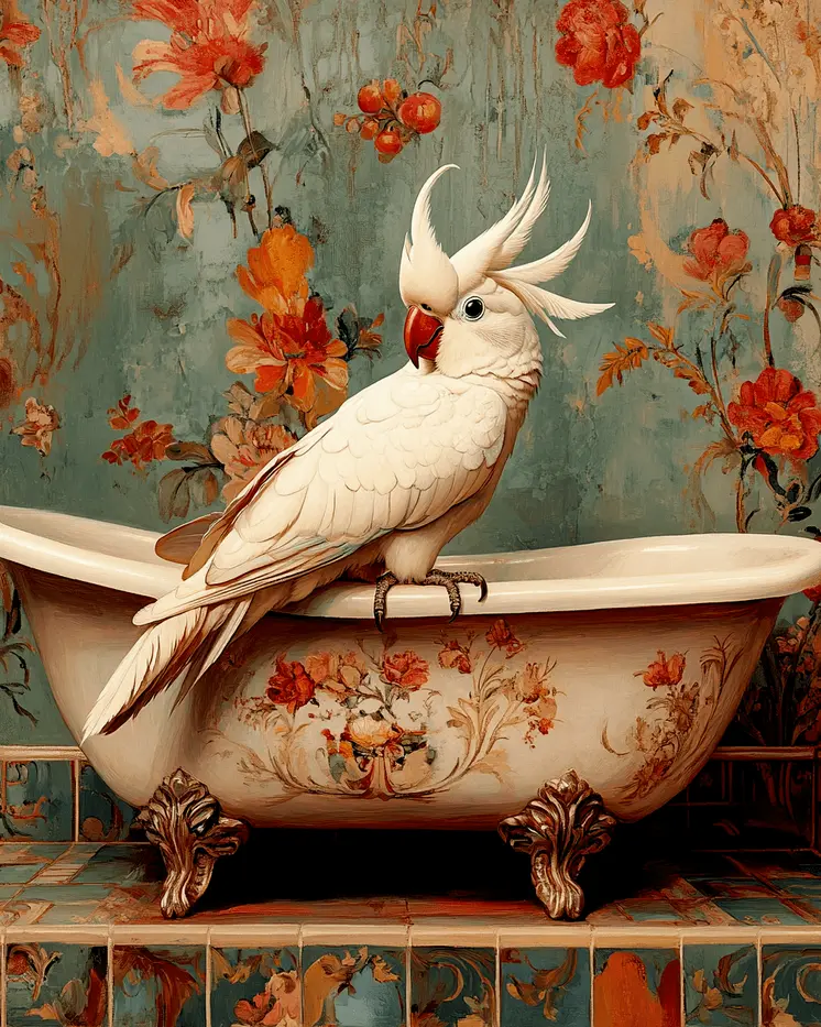 Cockatoo on Bathtub - Bathroom Wall Art Prints – 8″x10″ Artwork for 11″x14″ Frame