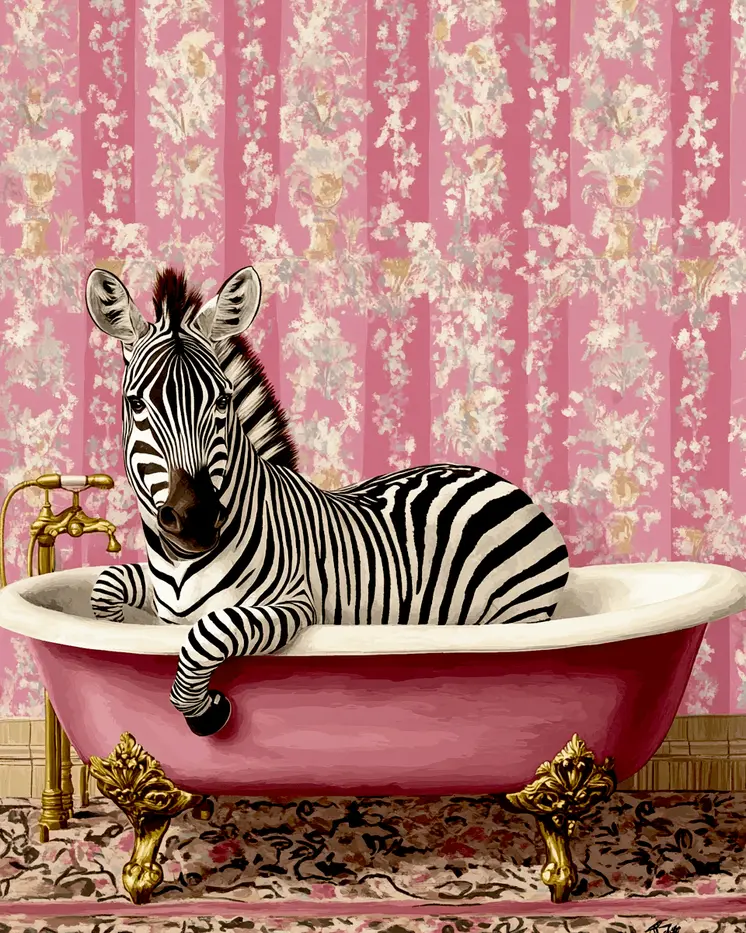 Zebra in Pink Bathtub - Bathroom Wall Art Prints – 8″x10″ Artwork for 11″x14″ Frame