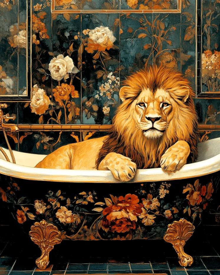 African Lion in Bathtub - Bathroom Wall Art Prints – 8″x10″ Artwork for 11″x14″ Frame