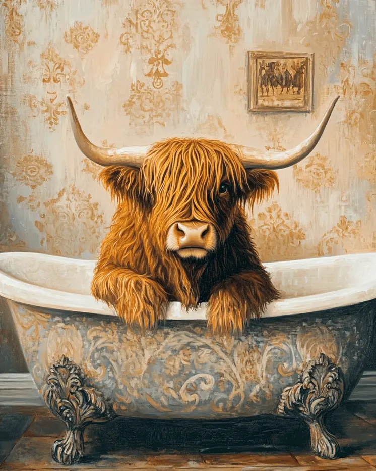 Highland Cow in Bathtub - Bathroom Wall Art Prints – 8″x10″ Artwork for 11″x14″ Frame