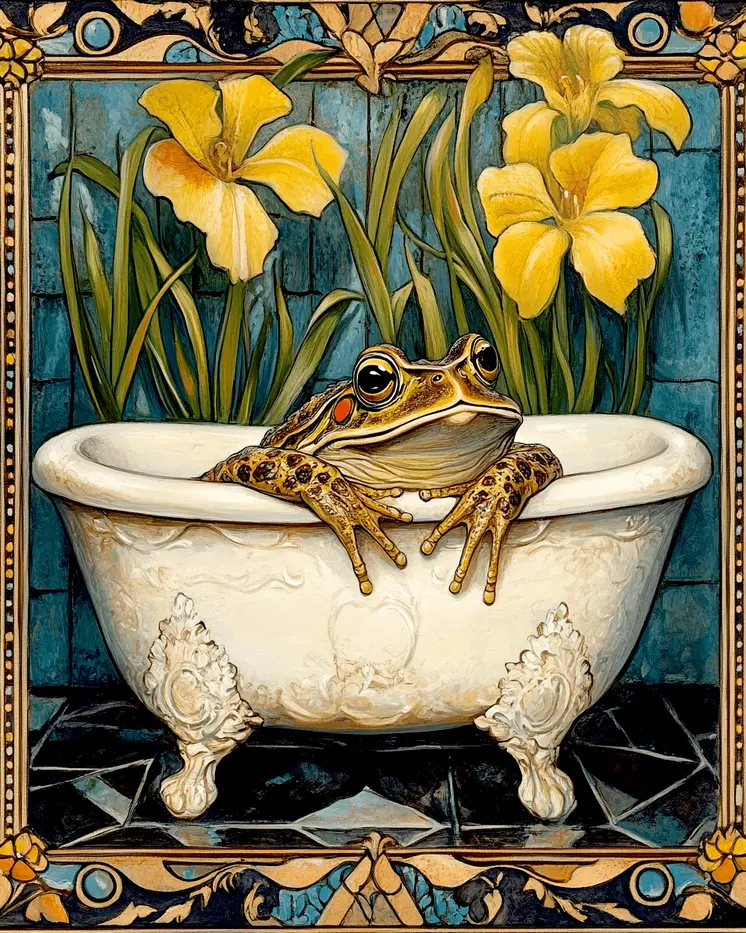 Frog in Tub - Bathroom Wall Art Prints – 8″x10″ Artwork for 11″x14″ Frame