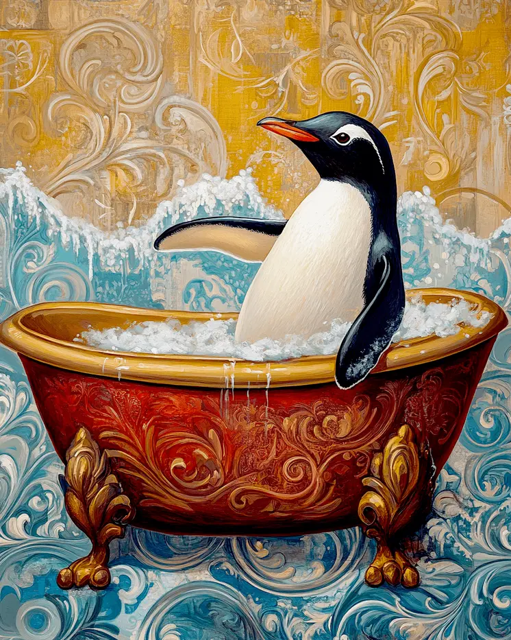 Penguin in Bathtub - Bathroom Wall Art Prints – 8″x10″ Artwork for 11″x14″ Frame