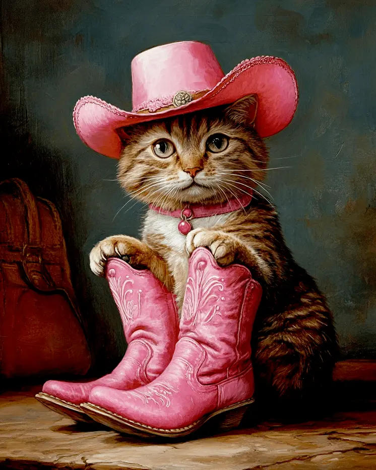 Cowgirl Cat "Puss in Boots" Wall Art Prints – 8″x10″ Artwork for 11″x14″ Frame