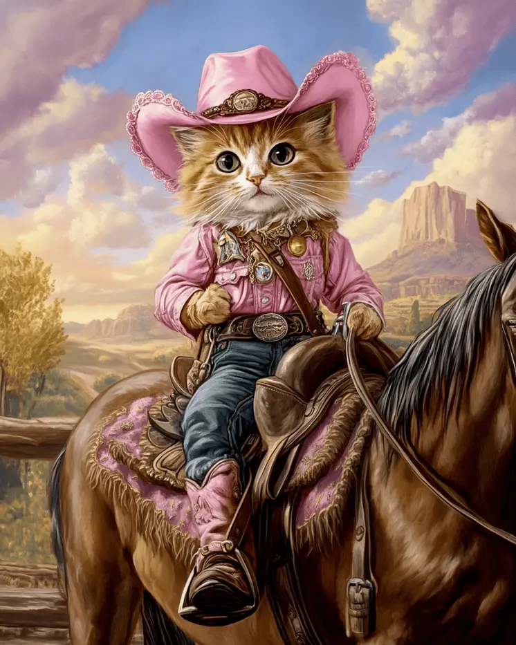 Cowgirl Cat "Saddle Sally" Wall Art Prints – 8″x10″ Artwork for 11″x14″ Frame