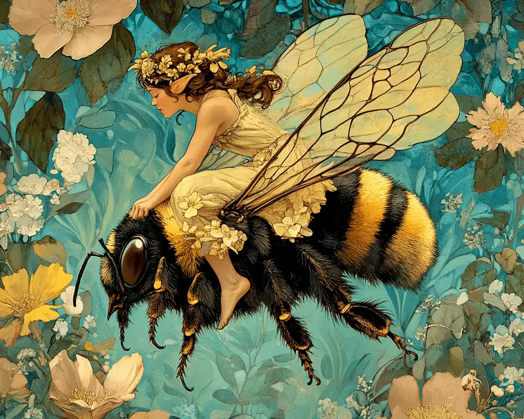 Bumble Bee Fairy Ride - Fairies Wall Art Prints – 8″x10″ Artwork for 11″x14″ Frame