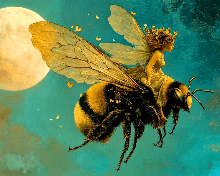 Fairy Riding Bumble Bee - Fairies Wall Art Prints – 8″x10″ Artwork for 11″x14″ Frame