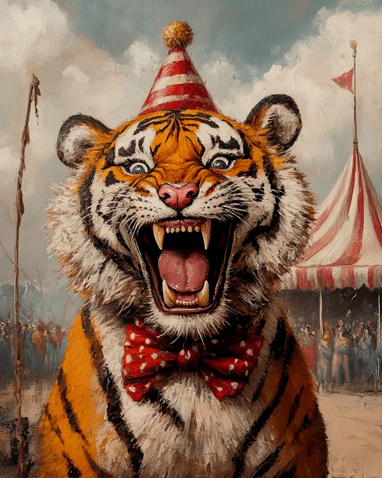 Roaring Circus Tiger - Animal Circus Clowns Wall Art Prints – 8″x10″ Artwork for 11″x14″ Frame