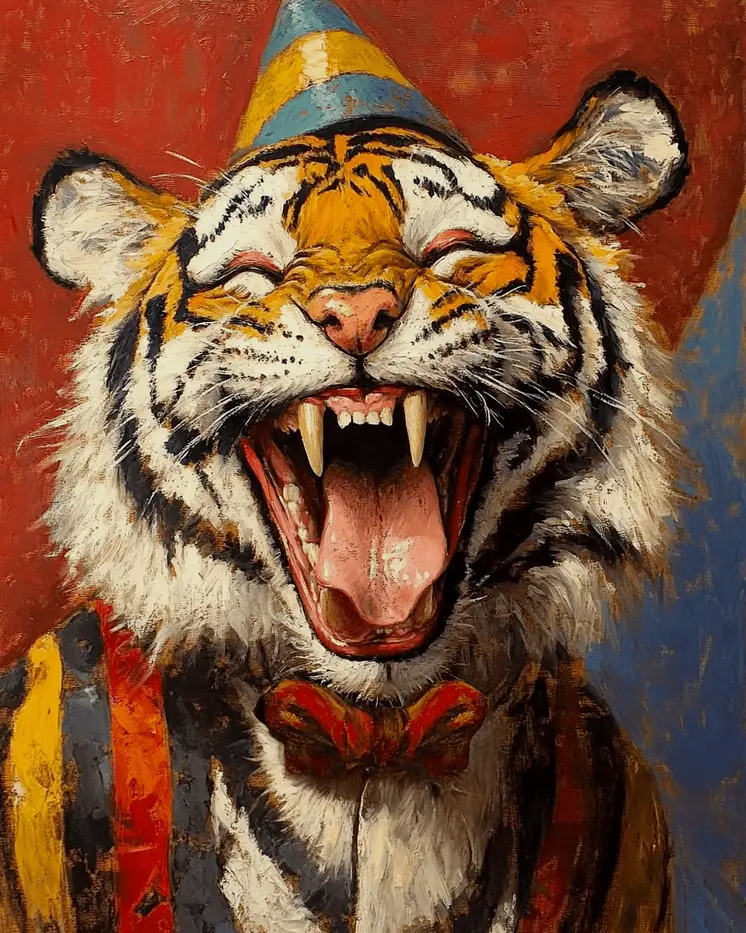Laughing Tiger - Animal Circus Clowns Wall Art Prints – 8″x10″ Artwork for 11″x14″ Frame