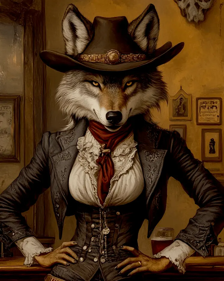 Lady Wolf Cowgirl - Anthropomorphic Wall Art Prints – 8″x10″ Artwork for 11″x14″ Frame