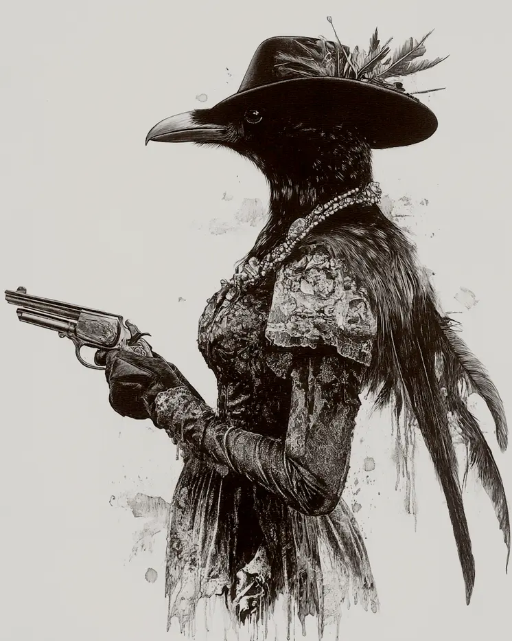 Raven Lady Gunslinger - Anthropomorphic Wall Art Prints – 8″x10″ Artwork for 11″x14″ Frame