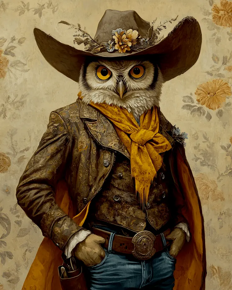 Owl Cowboy - Anthropomorphic Wall Art Prints – 8″x10″ Artwork for 11″x14″ Frame