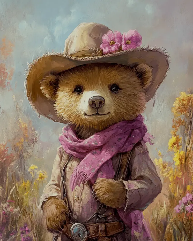 Bear Cub Cowgirl - Anthropomorphic Wall Art Prints – 8″x10″ Artwork for 11″x14″ Frame