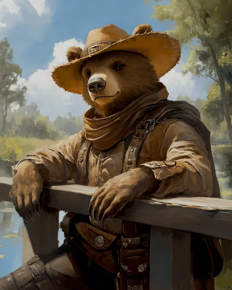 Cowboy Bear on the Fence - Anthropomorphic Wall Art Prints – 8″x10″ Artwork for 11″x14″ Frame