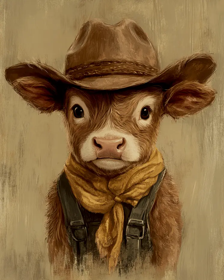 Calf Cowboy Artwork - Anthropomorphic Wall Art Prints – 8″x10″ Artwork for 11″x14″ Frame